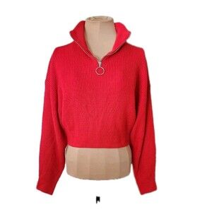 H&M Divided Red Cropped Sweater Women's M – O-Ring Half‎ Zip Ribbed Knit Y2K